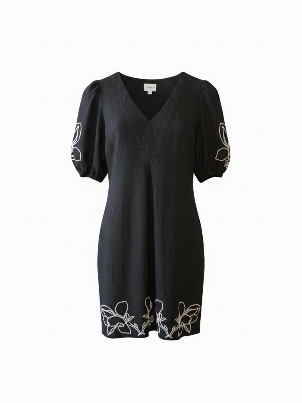 For Cynthia Black V-Neck Tunic with White Floral Embroidery